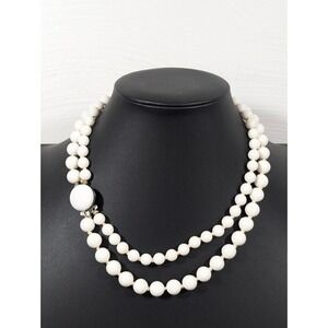 Vintage Japan White Round Bead Double Strand‎ Choker Necklace 16 in MCM